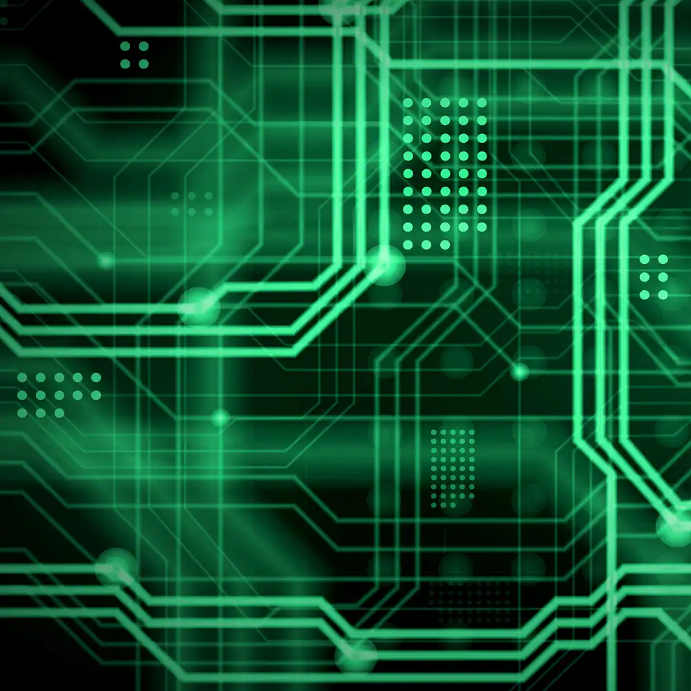 An abstract technological background consisting of a multitude of luminous guiding lines and dots forming a kind of physical motherboard. Green color